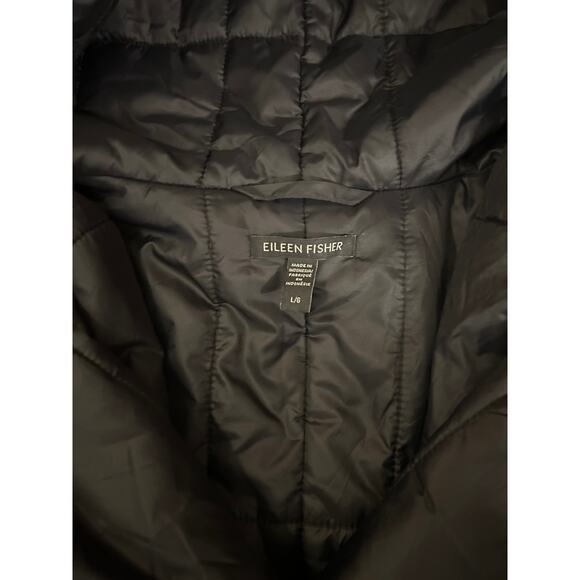 Eileen Fisher Black Quilted Hooded Coat  Size L Lightweight Packable Warm Jacket - Picture 2 of 6